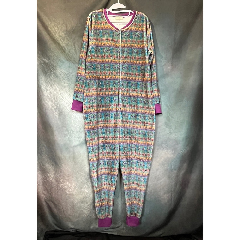 Natural Life Cozy Fleece Pajama Jumpsuit Fairytale Print Zip Up Women's Medium‎
